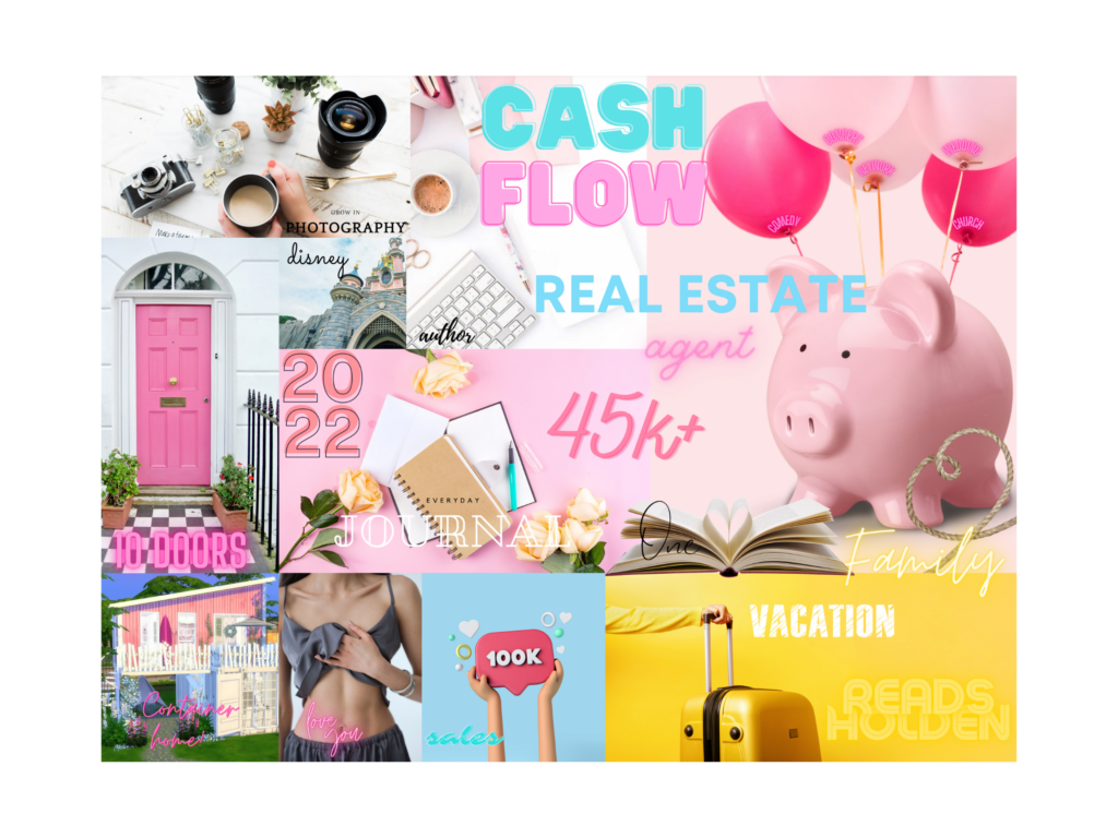 colorful vision board with light pkin, yellow and blues. this image has a piggy bank, suit case, a womans flay stomach, pink door, a pink container home and journal on it